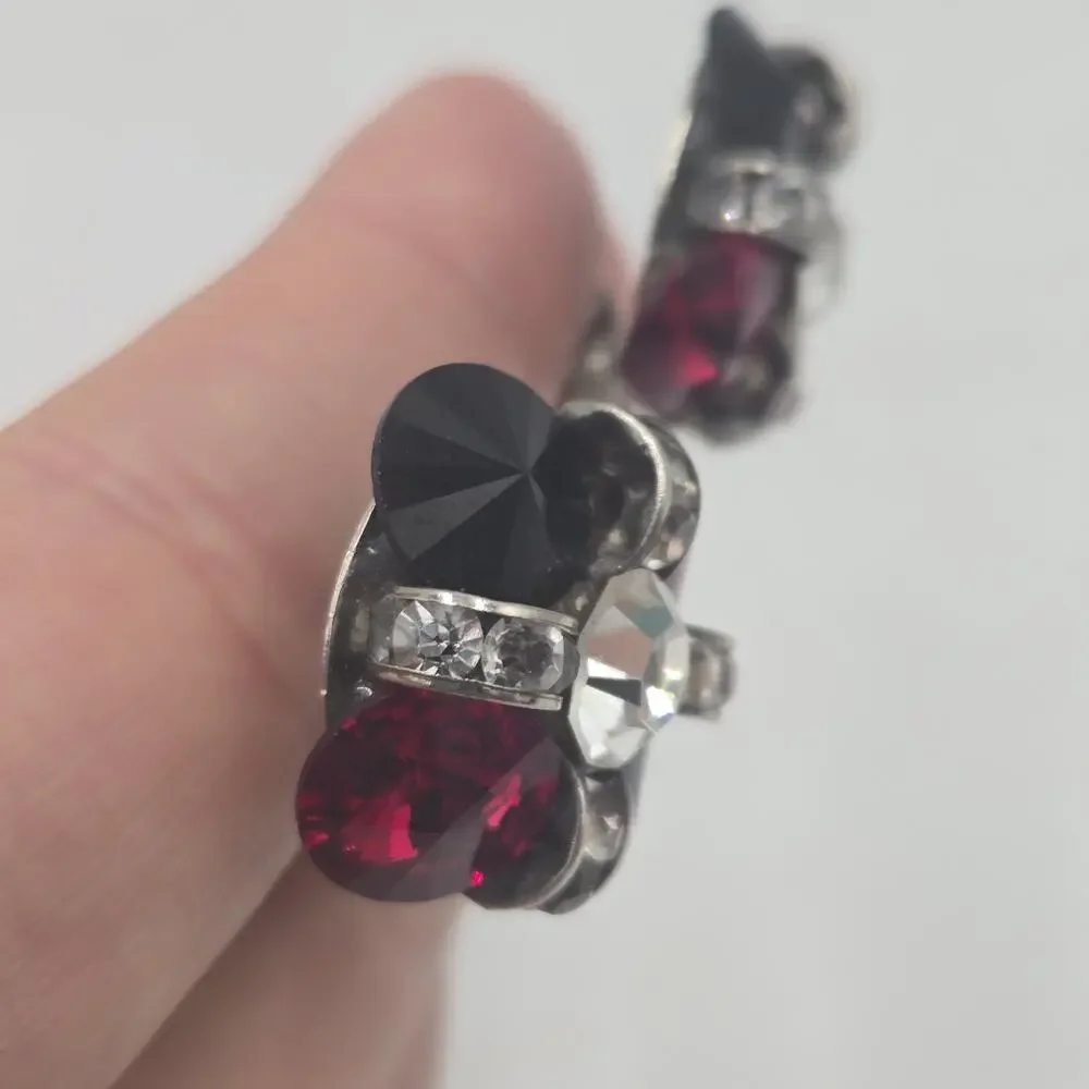 Vtg Red Black Clear Rhinestone Clip On Earrings Silver Tone Statement Cluster